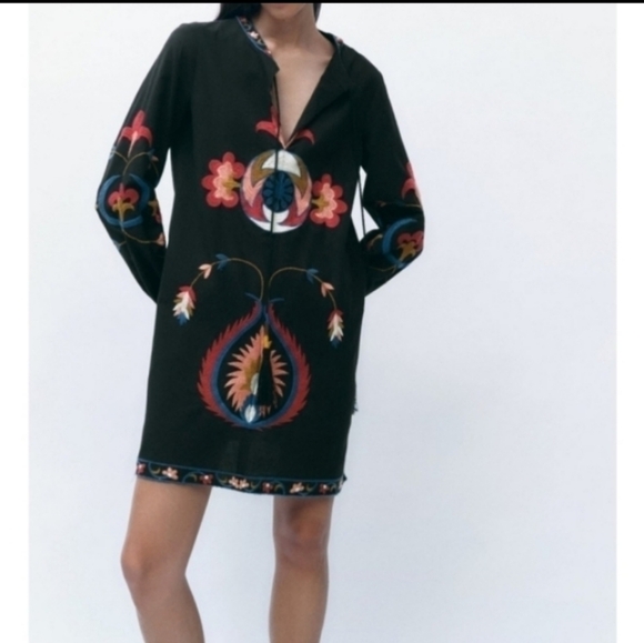 Zara Dresses & Skirts - Zara Short Embroidered Cotton Linen Blend Dress Sz-M
